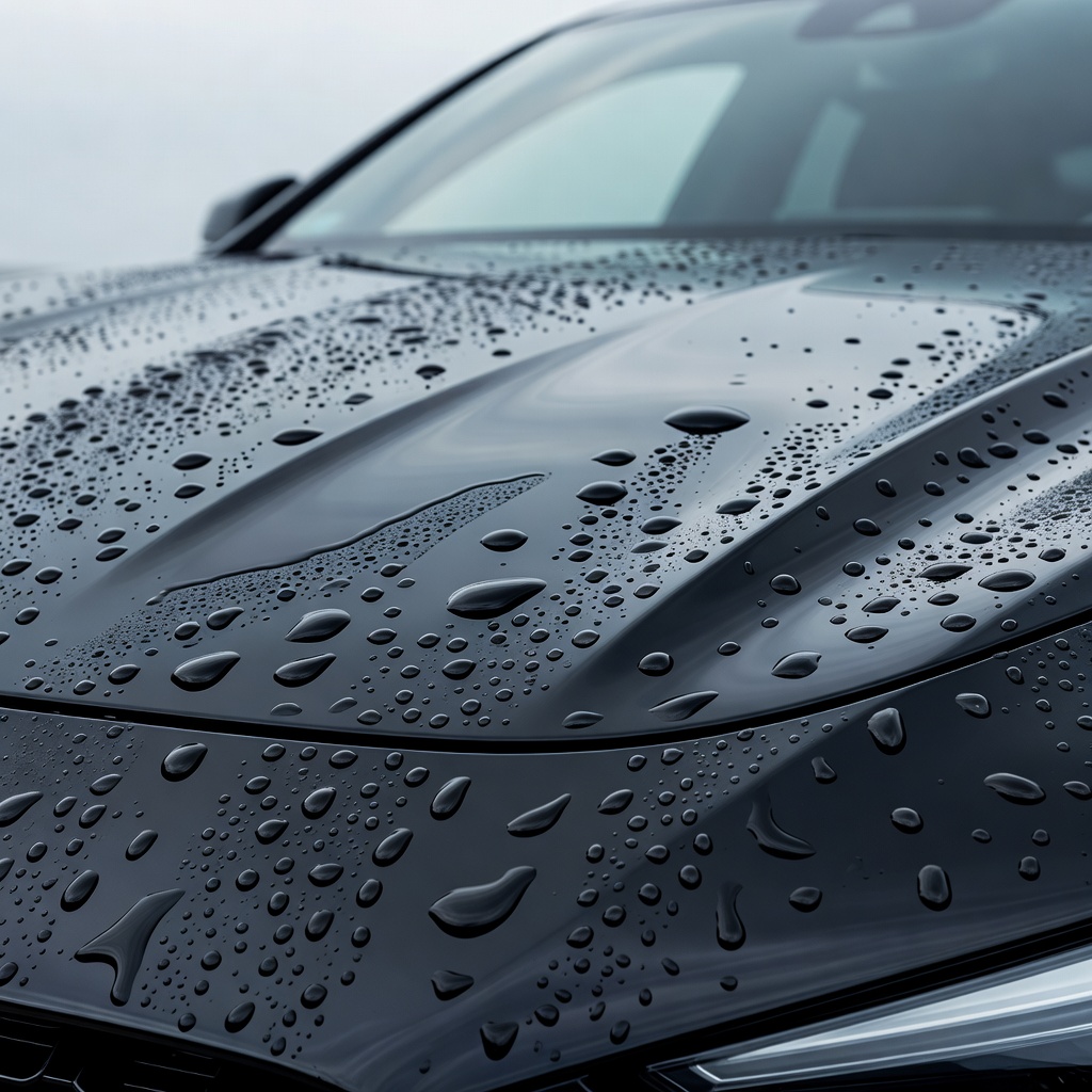 Close up of paint reflection and water beading on a freshly polished dark paintwork panel