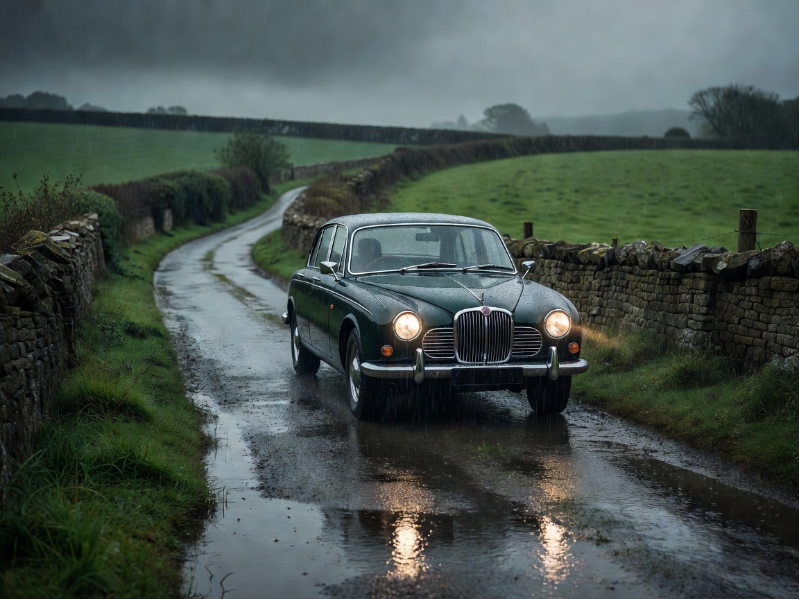 Car driving through wet weather conditions on a traditional British road during rain