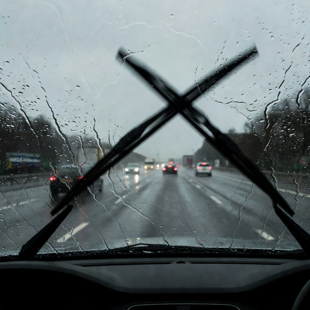 Car windscreen wipers sweeping heavy rainwater away during a rainy British motorway journey