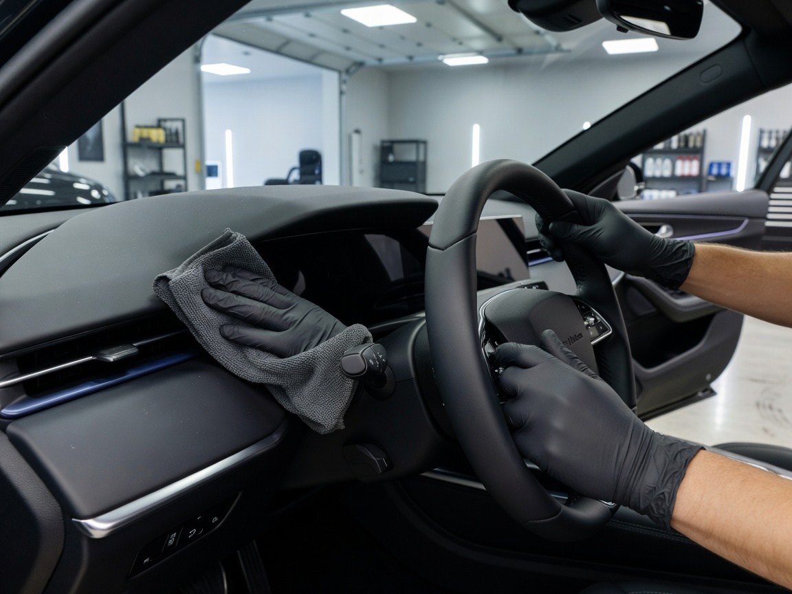 Detailed cleaning of a modern car dashboard and leather steering wheel inside a bright garage