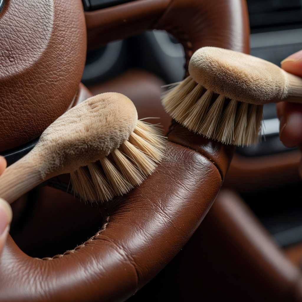 Detailed close up of cleaning a steering wheel leather texture using soft interior brushes