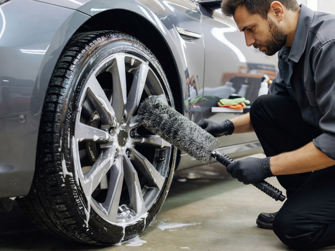 Detailer cleaning alloy wheels with a specialized wheel brush and foam cleaner