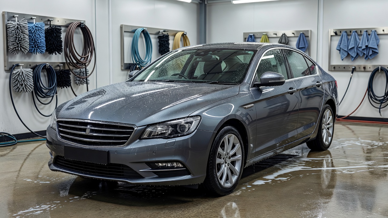 Freshly cleaned grey saloon car showing a clear water-repelling finish inside a professional wash bay workspace