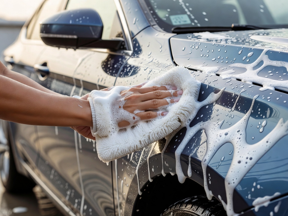 Gentle hand washing of a vehicle with a microfibre mitt and foaming car shampoo