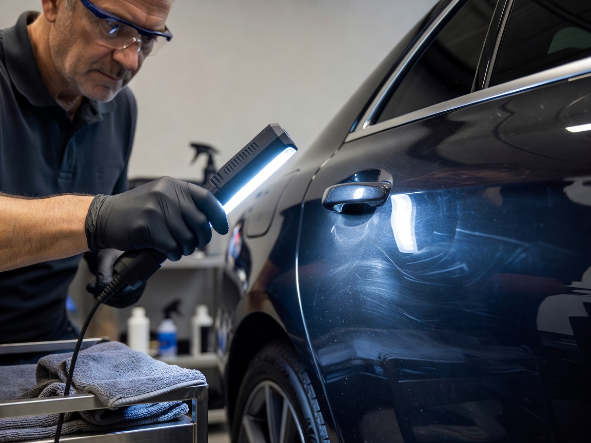 Professional detailing inspects the paintwork using specialized led handheld light
