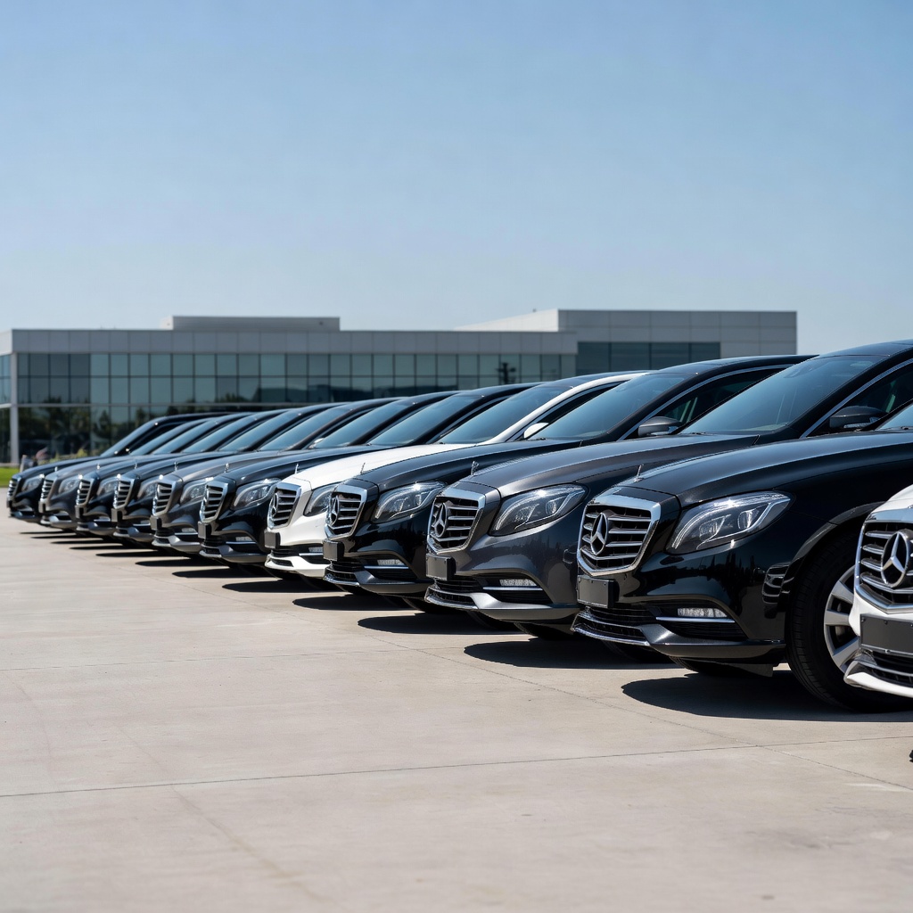 Row of cleanly washed corporate fleet cars parked side by side in daylight