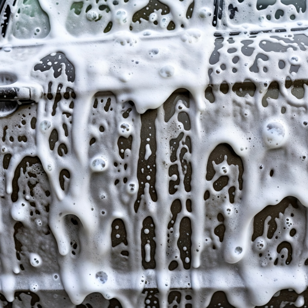 Thick snow foam layer soaking and encapsulating road film on a vehicle surface