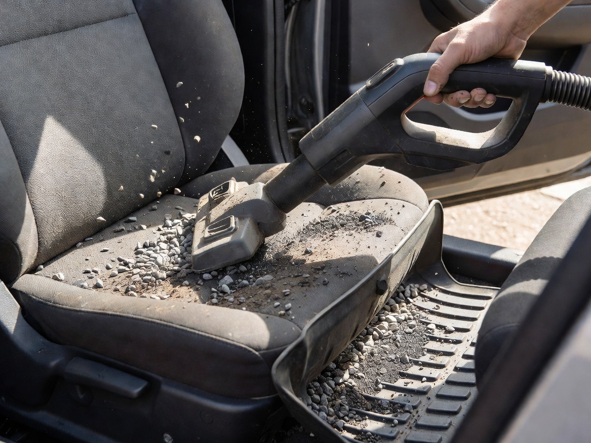 Vacuum cleaning a car seat and floor mat to remove embedded gravel and dirt